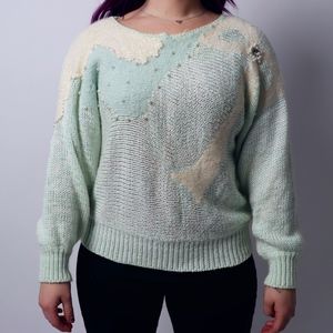 1980s Vintage Mint Green Pearl Embellished Sweater